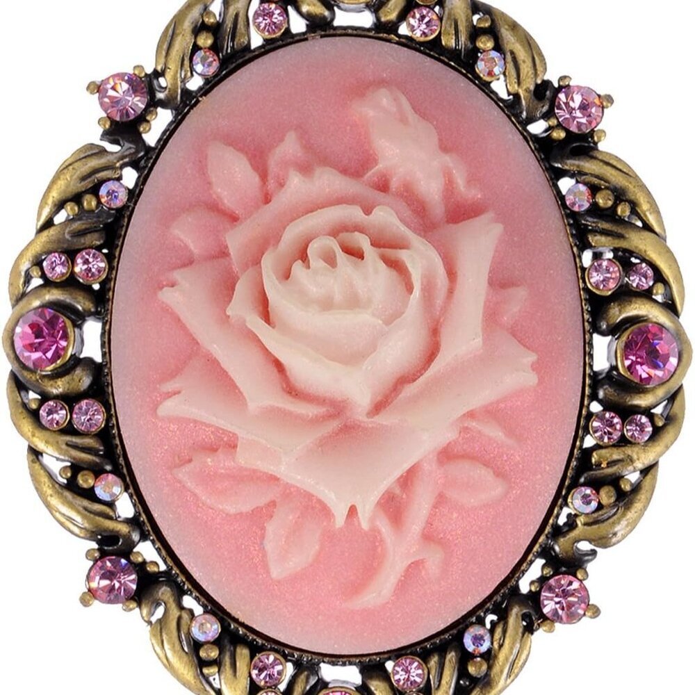 Vintage Inspired Antique Reproduct Rose Pink Crystal Flower Cameo Pin Brooch